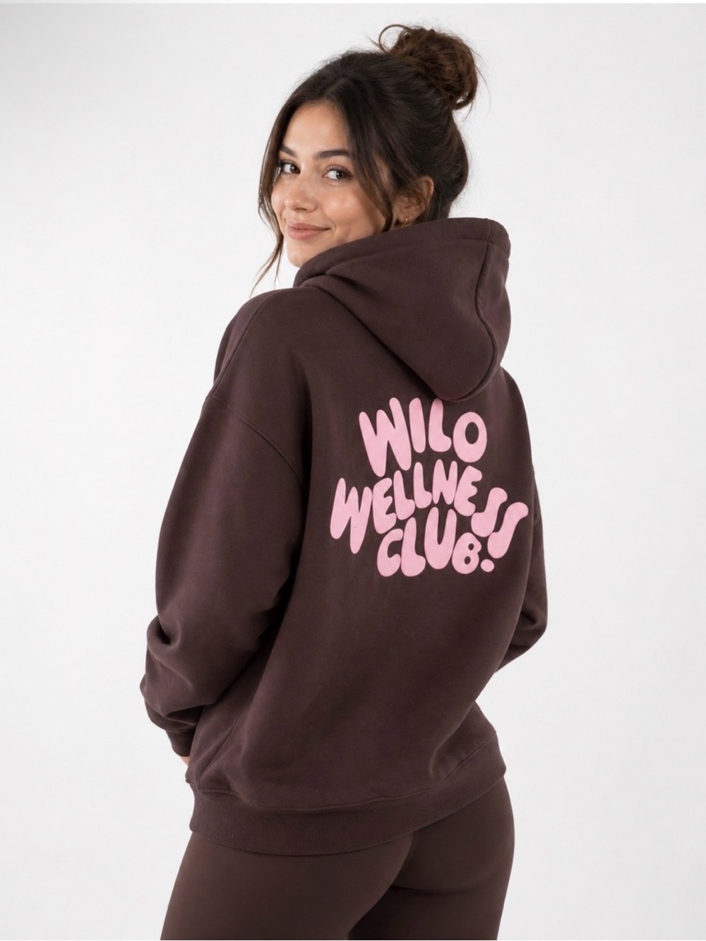 NWT - WILO - Wellness Club Brown Hoodie with Pink Logo - Small